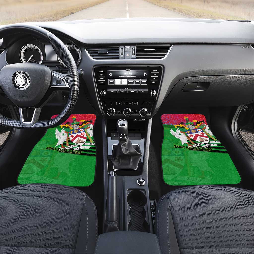 Saint Kitts and Nevis Apparel Car Mats with National Coat of Arms and Cannon Graphic in Red and Green Cultural Pattern Design - Wonder Print Shop