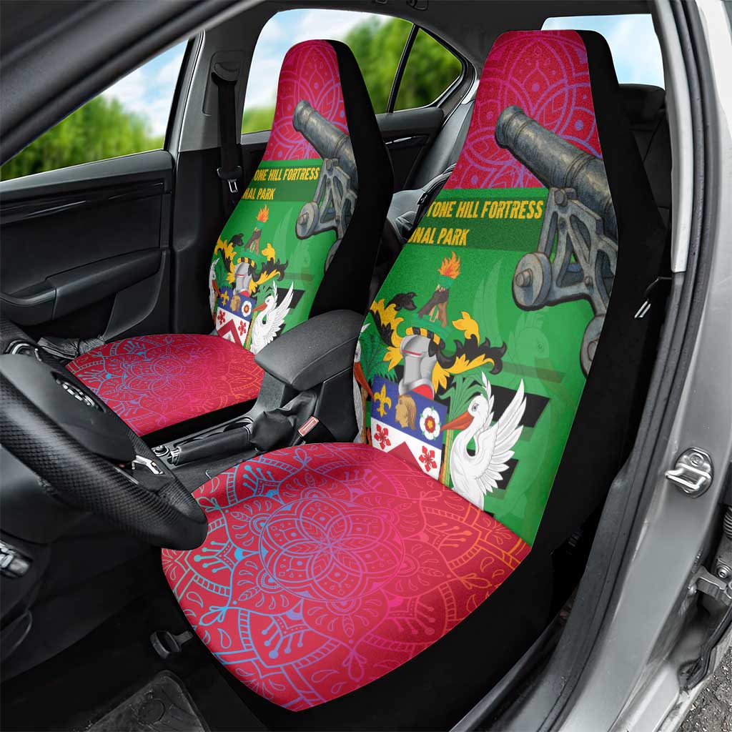 Saint Kitts and Nevis Apparel Car Seat Cover with National Coat of Arms and Cannon Graphic in Red and Green Cultural Pattern Design - Wonder Print Shop