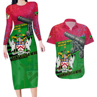 Saint Kitts and Nevis Apparel Couples Matching Long Sleeve Bodycon Dress and Hawaiian Shirt with National Coat of Arms and Cannon Graphic in Red and Green Cultural Pattern Design - Wonder Print Shop