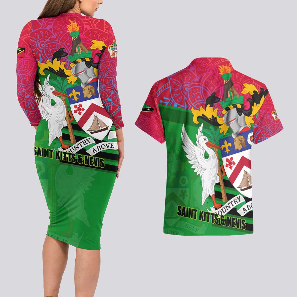 Saint Kitts and Nevis Apparel Couples Matching Long Sleeve Bodycon Dress and Hawaiian Shirt with National Coat of Arms and Cannon Graphic in Red and Green Cultural Pattern Design - Wonder Print Shop