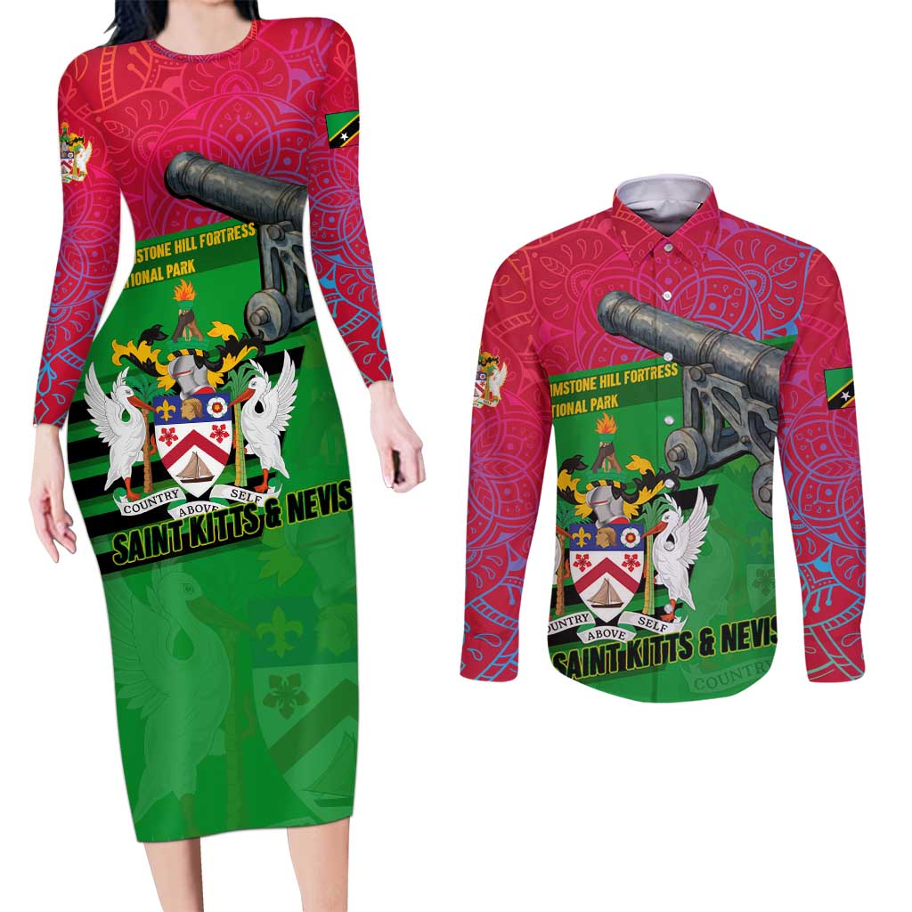 Saint Kitts and Nevis Apparel Couples Matching Long Sleeve Bodycon Dress and Long Sleeve Button Shirt with National Coat of Arms and Cannon Graphic in Red and Green Cultural Pattern Design - Wonder Print Shop