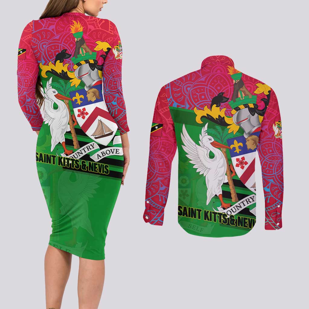 Saint Kitts and Nevis Apparel Couples Matching Long Sleeve Bodycon Dress and Long Sleeve Button Shirt with National Coat of Arms and Cannon Graphic in Red and Green Cultural Pattern Design - Wonder Print Shop