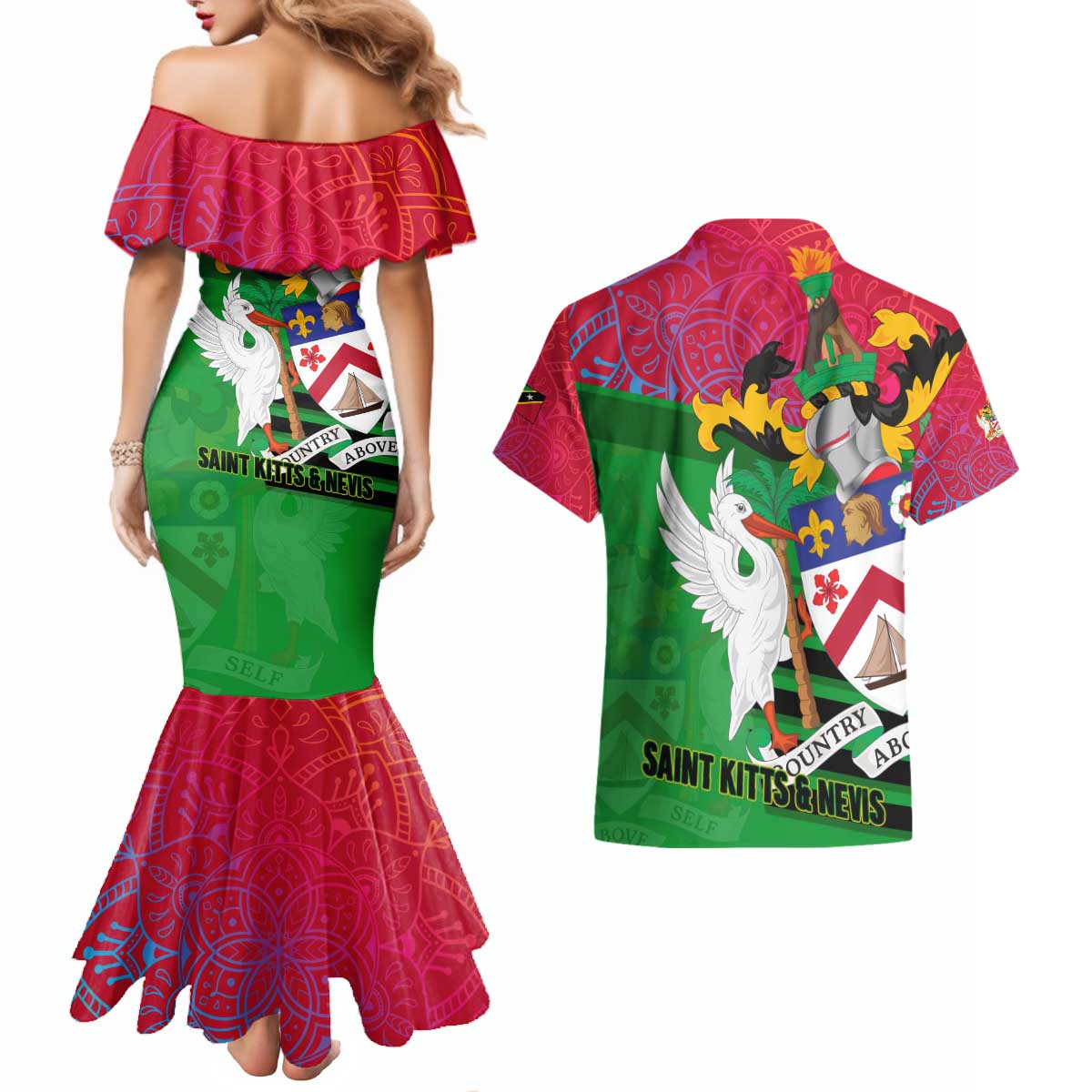 Saint Kitts and Nevis Apparel Couples Matching Mermaid Dress and Hawaiian Shirt with National Coat of Arms and Cannon Graphic in Red and Green Cultural Pattern Design - Wonder Print Shop