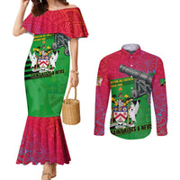 Saint Kitts and Nevis Apparel Couples Matching Mermaid Dress and Long Sleeve Button Shirt with National Coat of Arms and Cannon Graphic in Red and Green Cultural Pattern Design - Wonder Print Shop