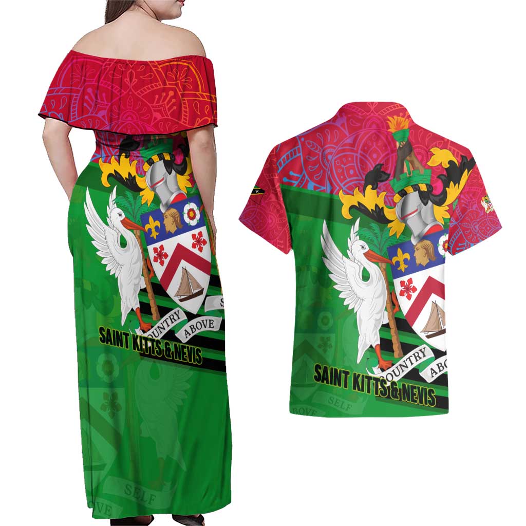 Saint Kitts and Nevis Apparel Couples Matching Off Shoulder Maxi Dress and Hawaiian Shirt with National Coat of Arms and Cannon Graphic in Red and Green Cultural Pattern Design - Wonder Print Shop