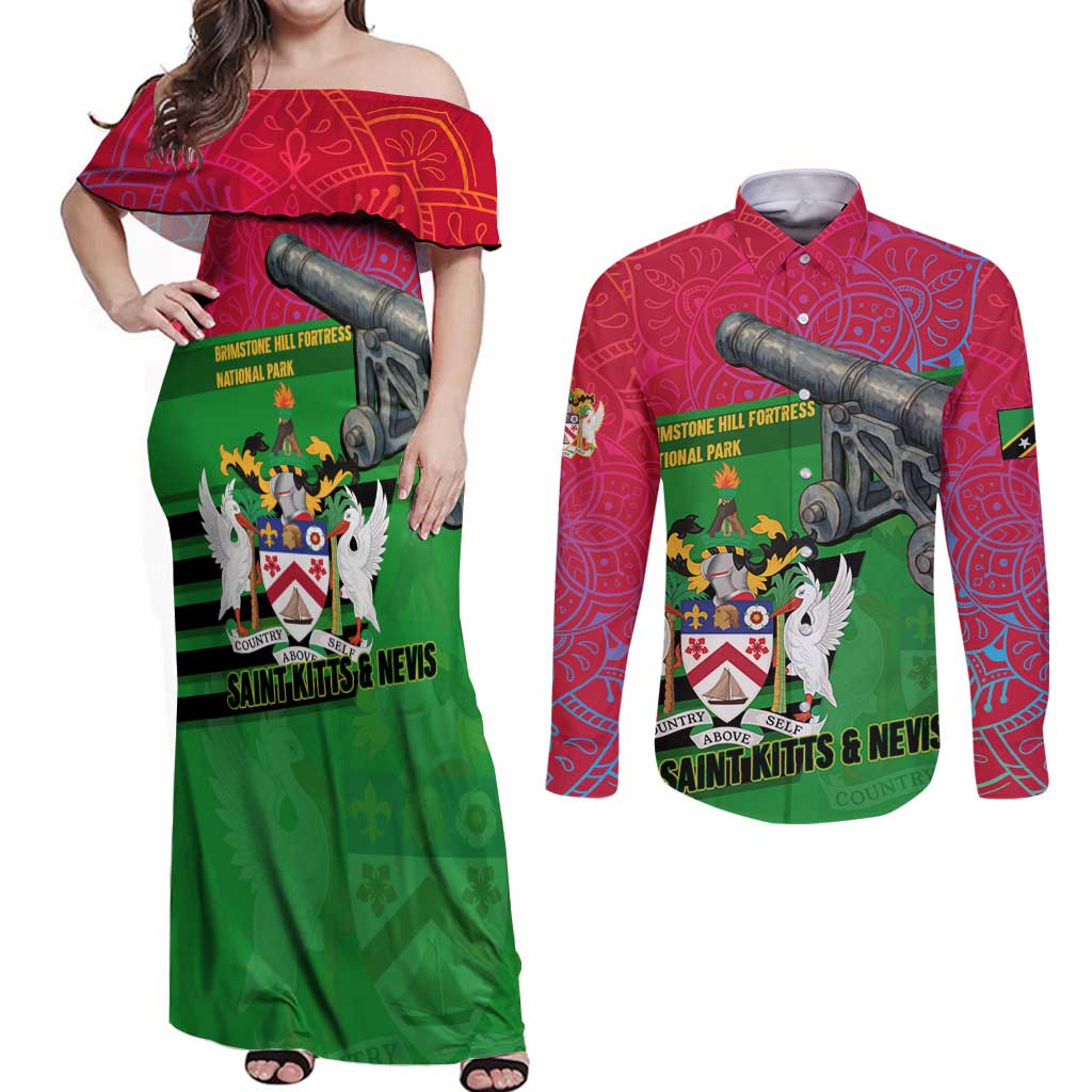 Saint Kitts and Nevis Apparel Couples Matching Off Shoulder Maxi Dress and Long Sleeve Button Shirt with National Coat of Arms and Cannon Graphic in Red and Green Cultural Pattern Design - Wonder Print Shop