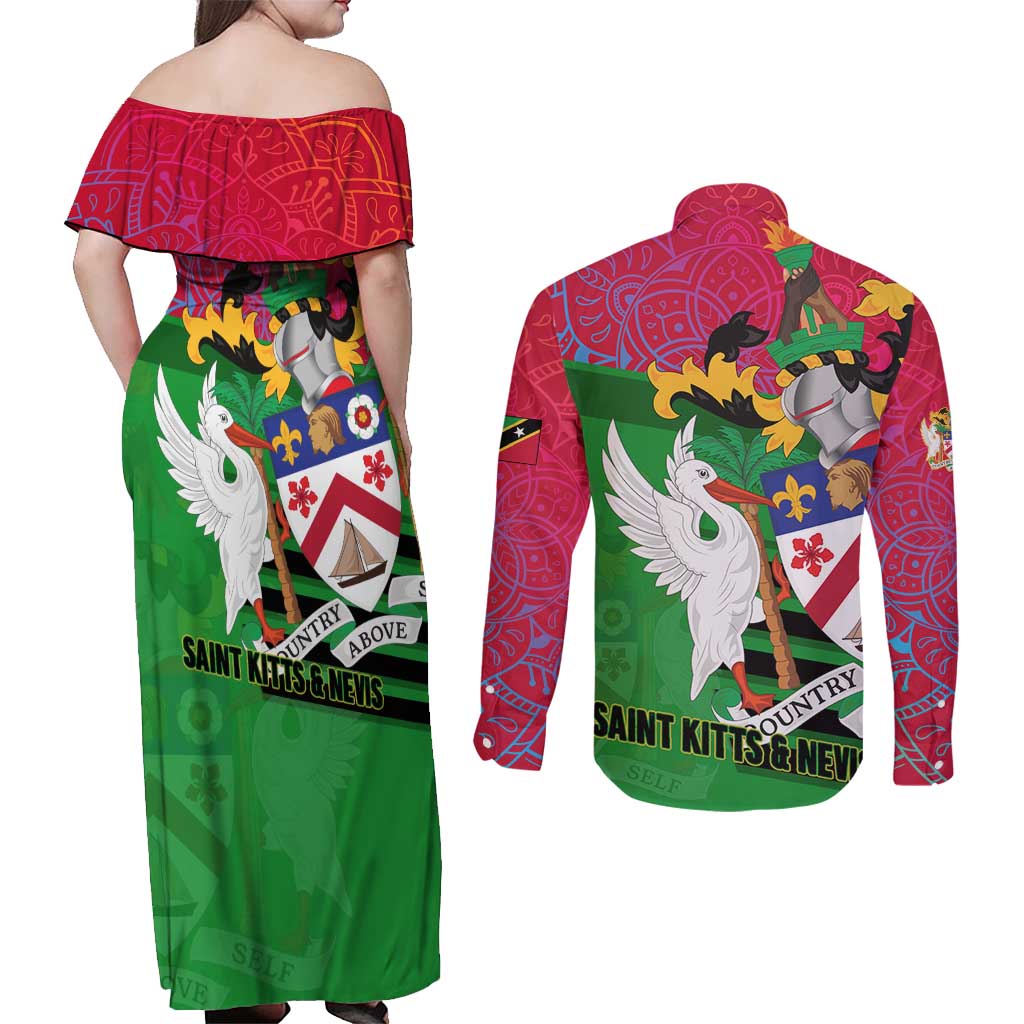 Saint Kitts and Nevis Apparel Couples Matching Off Shoulder Maxi Dress and Long Sleeve Button Shirt with National Coat of Arms and Cannon Graphic in Red and Green Cultural Pattern Design - Wonder Print Shop