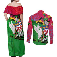 Saint Kitts and Nevis Apparel Couples Matching Off Shoulder Maxi Dress and Long Sleeve Button Shirt with National Coat of Arms and Cannon Graphic in Red and Green Cultural Pattern Design - Wonder Print Shop
