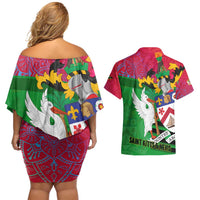 Saint Kitts and Nevis Apparel Couples Matching Off Shoulder Short Dress and Hawaiian Shirt with National Coat of Arms and Cannon Graphic in Red and Green Cultural Pattern Design - Wonder Print Shop