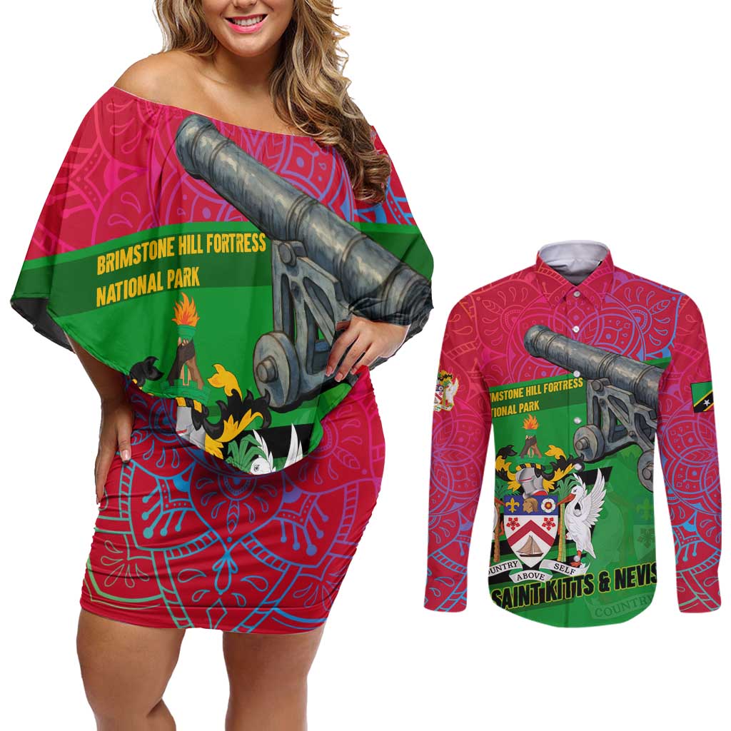 Saint Kitts and Nevis Apparel Couples Matching Off Shoulder Short Dress and Long Sleeve Button Shirt with National Coat of Arms and Cannon Graphic in Red and Green Cultural Pattern Design - Wonder Print Shop