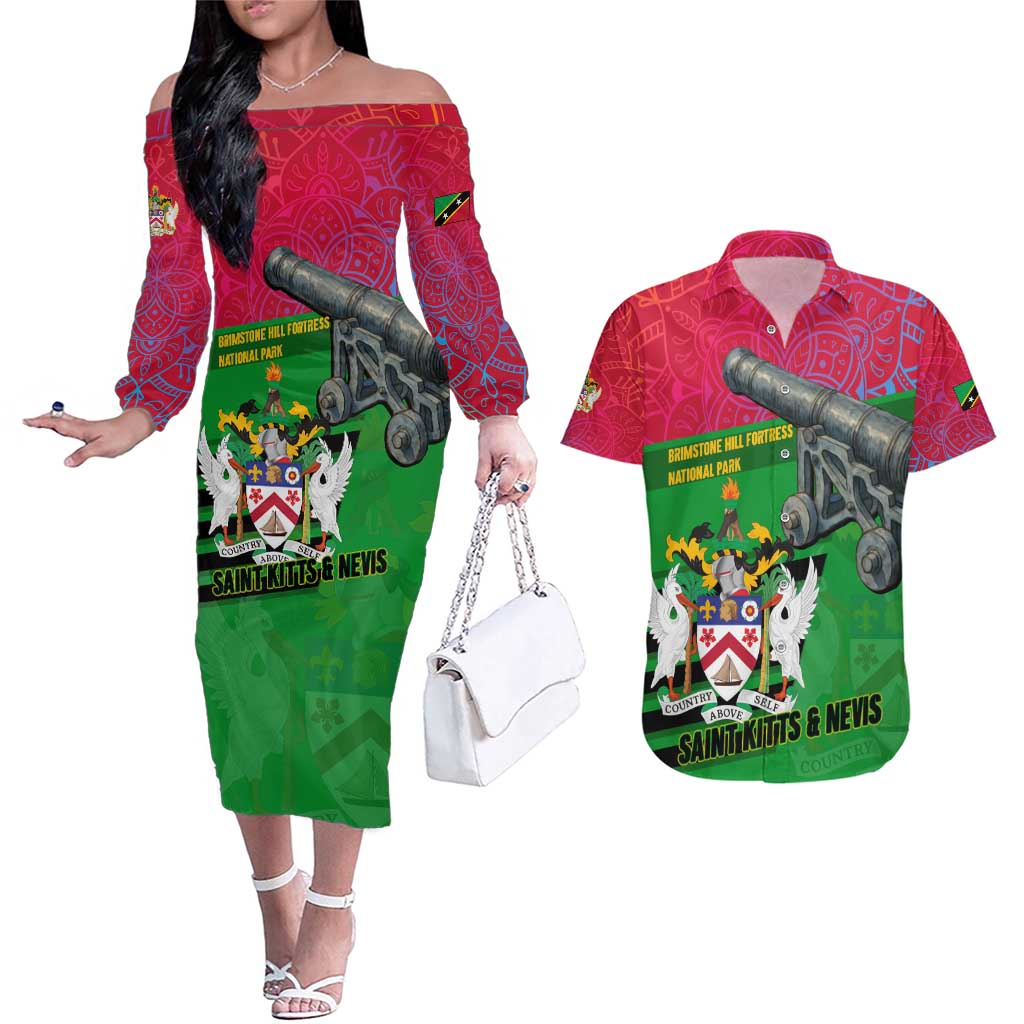 Saint Kitts and Nevis Apparel Couples Matching Off The Shoulder Long Sleeve Dress and Hawaiian Shirt with National Coat of Arms and Cannon Graphic in Red and Green Cultural Pattern Design - Wonder Print Shop