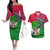 Saint Kitts and Nevis Apparel Couples Matching Off The Shoulder Long Sleeve Dress and Hawaiian Shirt with National Coat of Arms and Cannon Graphic in Red and Green Cultural Pattern Design - Wonder Print Shop