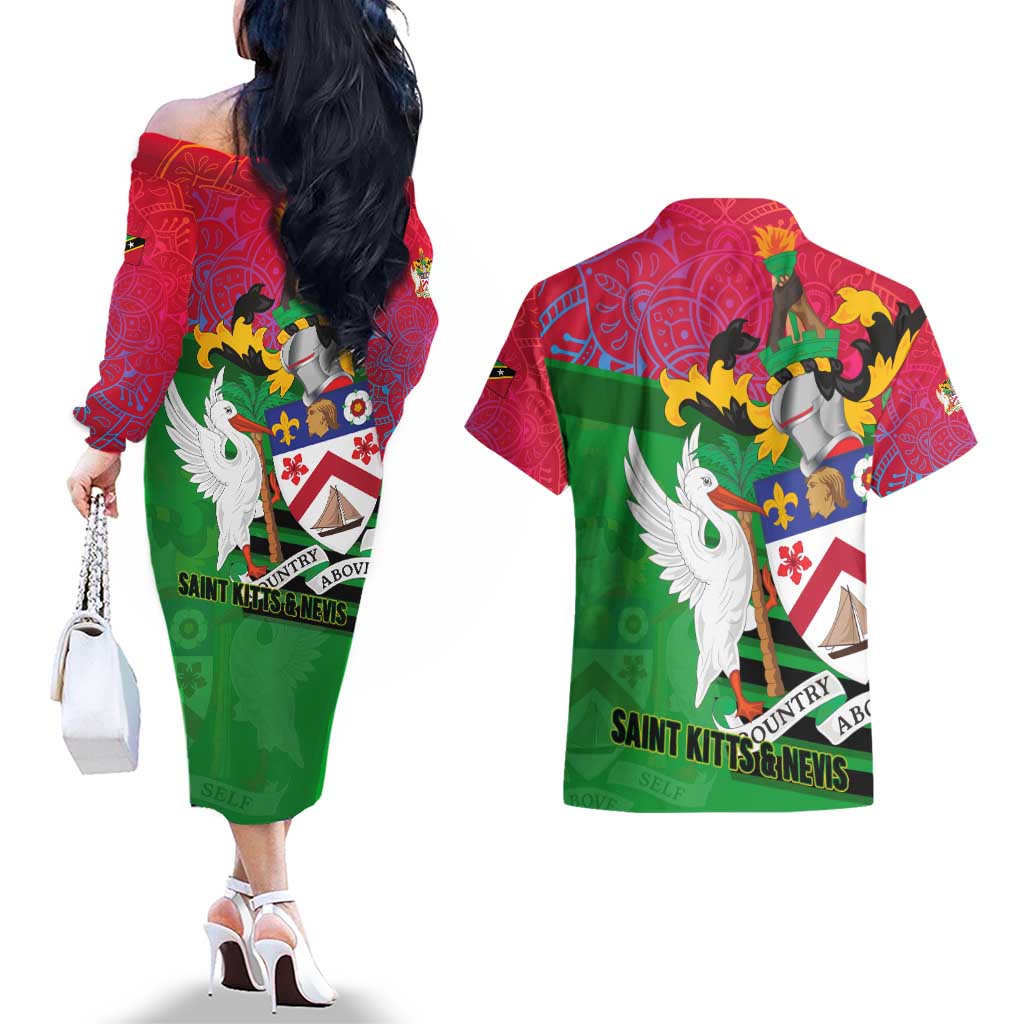 Saint Kitts and Nevis Apparel Couples Matching Off The Shoulder Long Sleeve Dress and Hawaiian Shirt with National Coat of Arms and Cannon Graphic in Red and Green Cultural Pattern Design - Wonder Print Shop