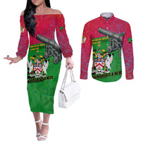 Saint Kitts and Nevis Apparel Couples Matching Off The Shoulder Long Sleeve Dress and Long Sleeve Button Shirt with National Coat of Arms and Cannon Graphic in Red and Green Cultural Pattern Design - Wonder Print Shop