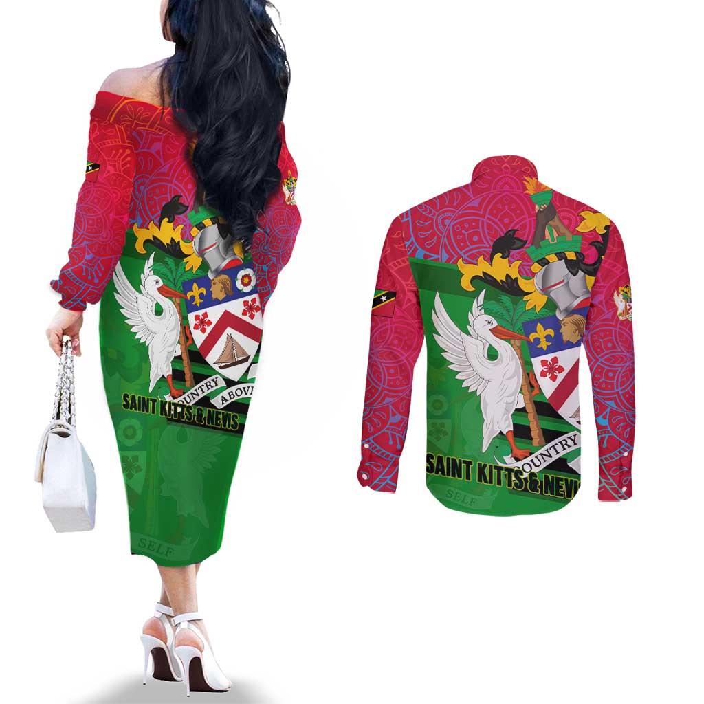 Saint Kitts and Nevis Apparel Couples Matching Off The Shoulder Long Sleeve Dress and Long Sleeve Button Shirt with National Coat of Arms and Cannon Graphic in Red and Green Cultural Pattern Design - Wonder Print Shop