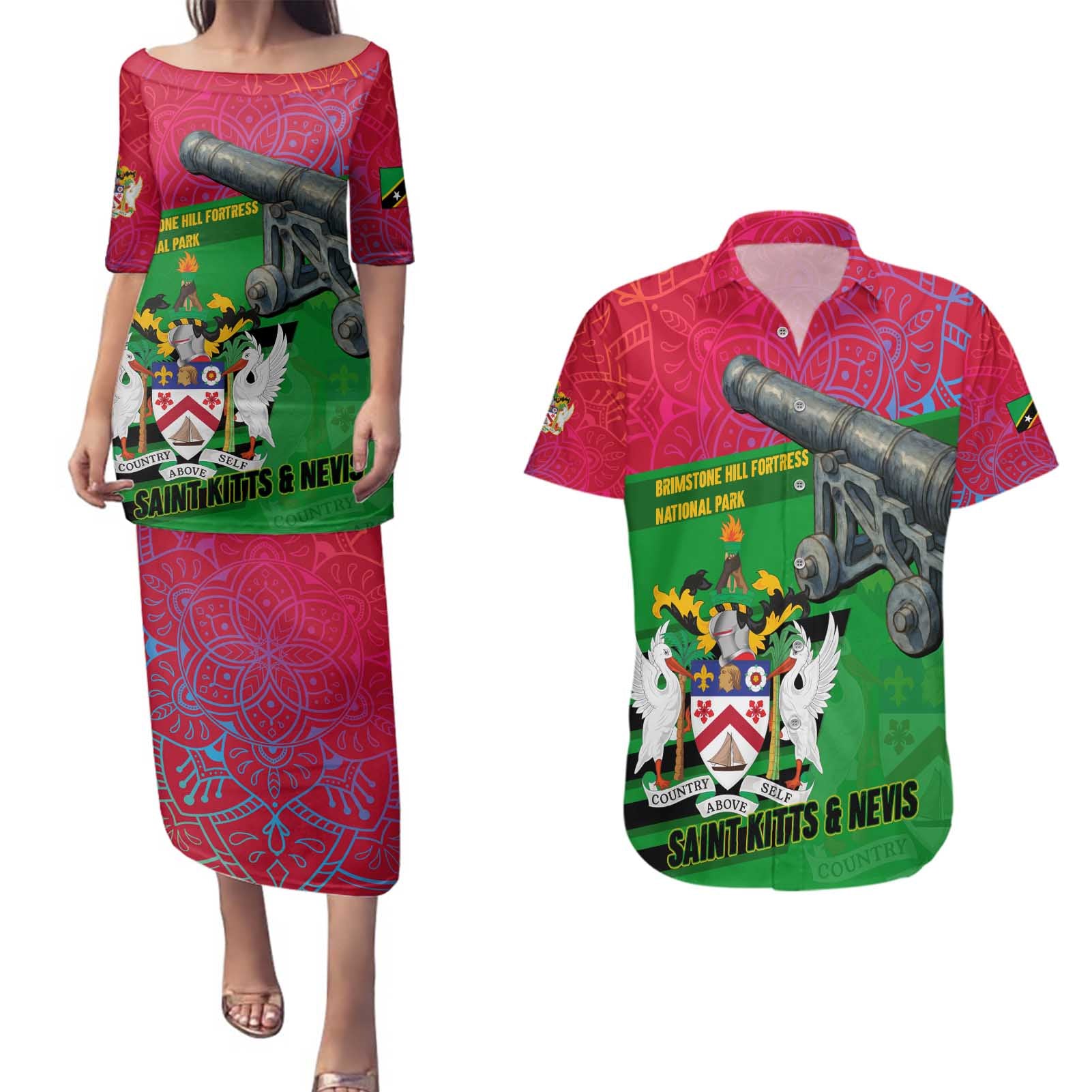 Saint Kitts and Nevis Apparel Couples Matching Puletasi and Hawaiian Shirt with National Coat of Arms and Cannon Graphic in Red and Green Cultural Pattern Design - Wonder Print Shop
