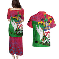 Saint Kitts and Nevis Apparel Couples Matching Puletasi and Hawaiian Shirt with National Coat of Arms and Cannon Graphic in Red and Green Cultural Pattern Design - Wonder Print Shop
