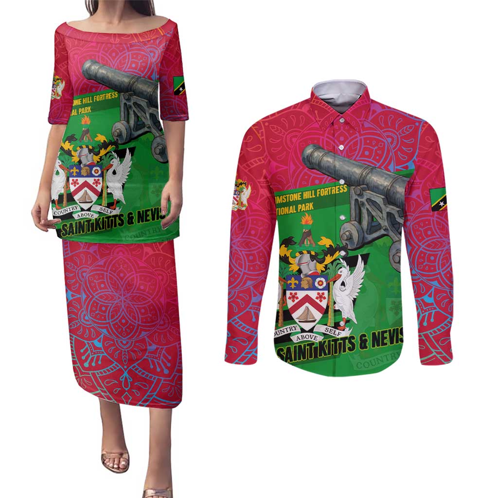 Saint Kitts and Nevis Apparel Couples Matching Puletasi and Long Sleeve Button Shirt with National Coat of Arms and Cannon Graphic in Red and Green Cultural Pattern Design - Wonder Print Shop
