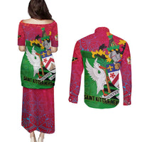 Saint Kitts and Nevis Apparel Couples Matching Puletasi and Long Sleeve Button Shirt with National Coat of Arms and Cannon Graphic in Red and Green Cultural Pattern Design - Wonder Print Shop