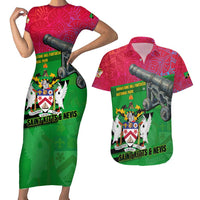 Saint Kitts and Nevis Apparel Couples Matching Short Sleeve Bodycon Dress and Hawaiian Shirt with National Coat of Arms and Cannon Graphic in Red and Green Cultural Pattern Design - Wonder Print Shop