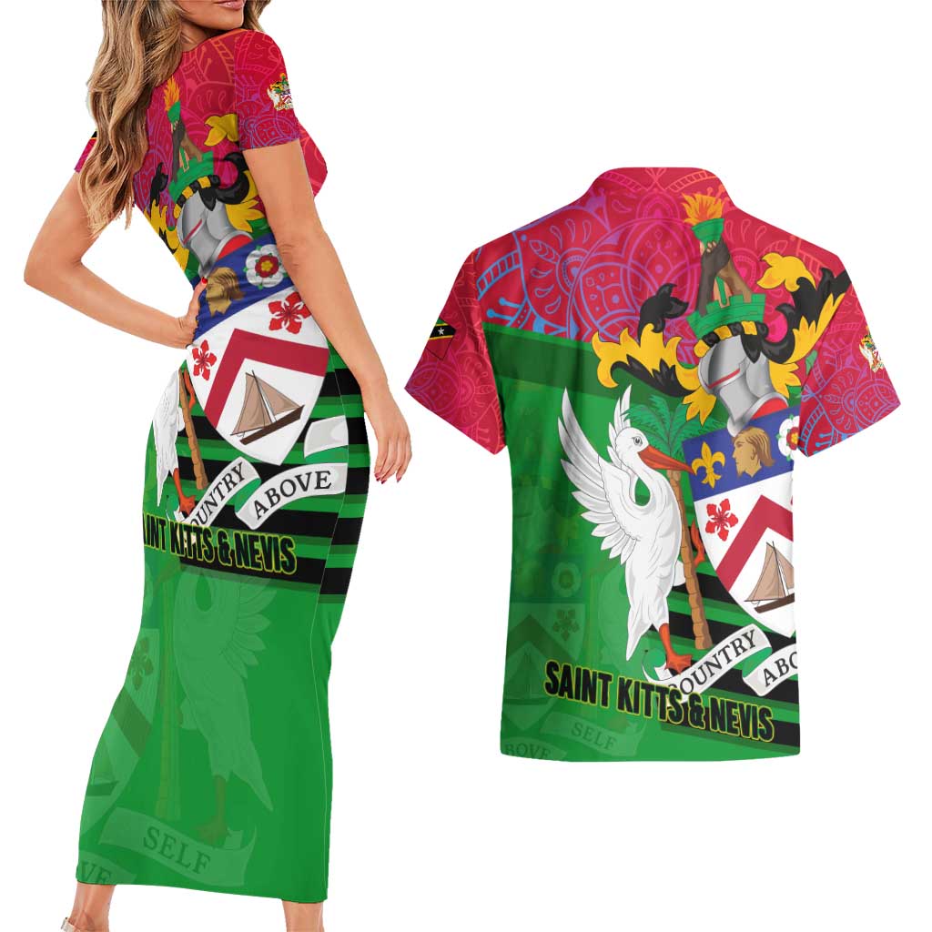 Saint Kitts and Nevis Apparel Couples Matching Short Sleeve Bodycon Dress and Hawaiian Shirt with National Coat of Arms and Cannon Graphic in Red and Green Cultural Pattern Design - Wonder Print Shop