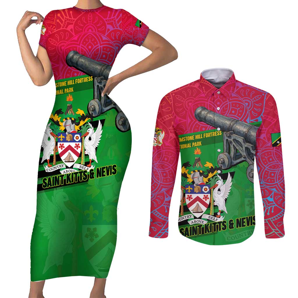 Saint Kitts and Nevis Apparel Couples Matching Short Sleeve Bodycon Dress and Long Sleeve Button Shirt with National Coat of Arms and Cannon Graphic in Red and Green Cultural Pattern Design - Wonder Print Shop