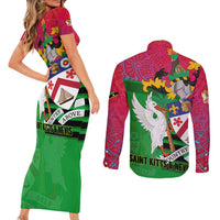 Saint Kitts and Nevis Apparel Couples Matching Short Sleeve Bodycon Dress and Long Sleeve Button Shirt with National Coat of Arms and Cannon Graphic in Red and Green Cultural Pattern Design - Wonder Print Shop