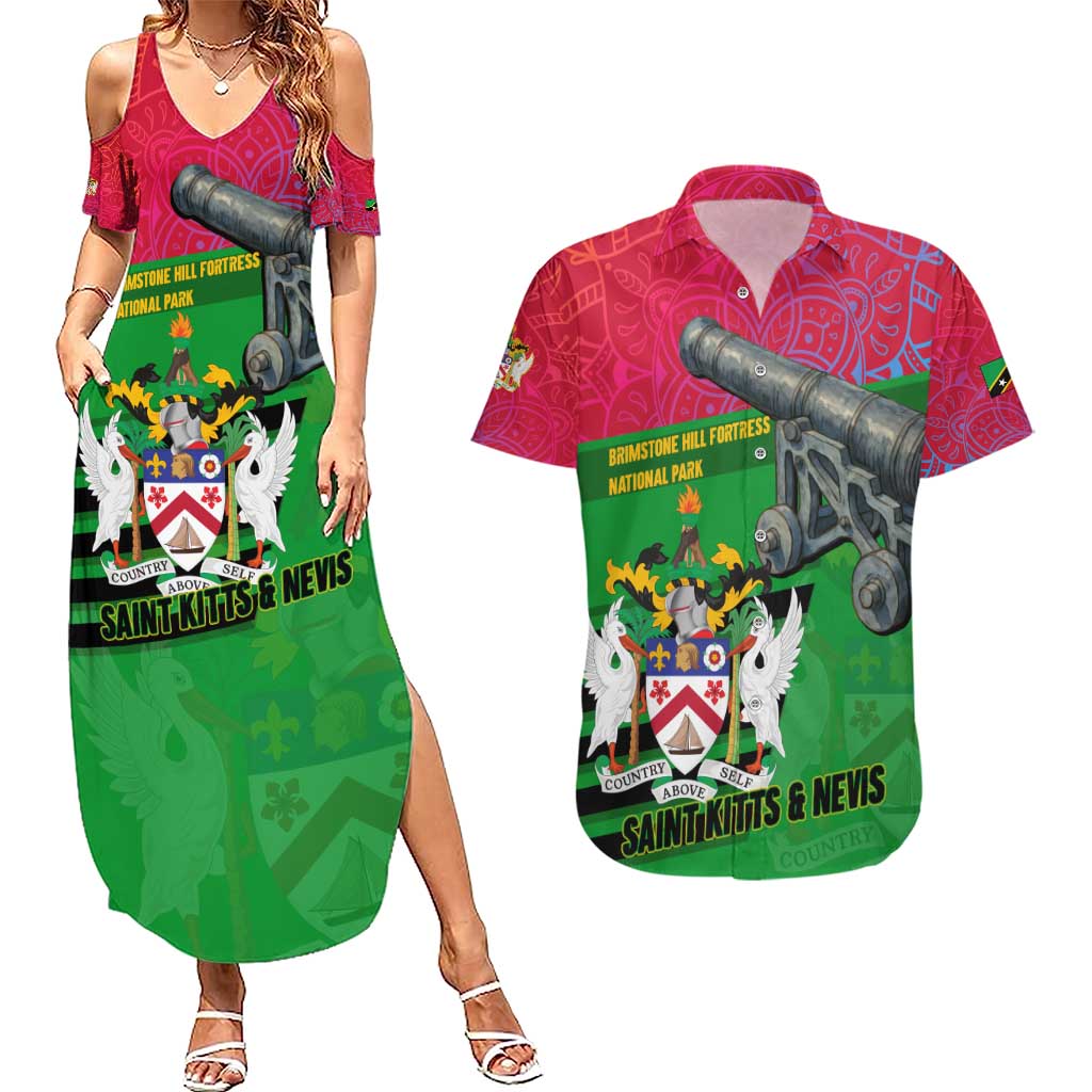 Saint Kitts and Nevis Apparel Couples Matching Summer Maxi Dress and Hawaiian Shirt with National Coat of Arms and Cannon Graphic in Red and Green Cultural Pattern Design - Wonder Print Shop