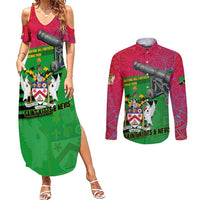 Saint Kitts and Nevis Apparel Couples Matching Summer Maxi Dress and Long Sleeve Button Shirt with National Coat of Arms and Cannon Graphic in Red and Green Cultural Pattern Design - Wonder Print Shop
