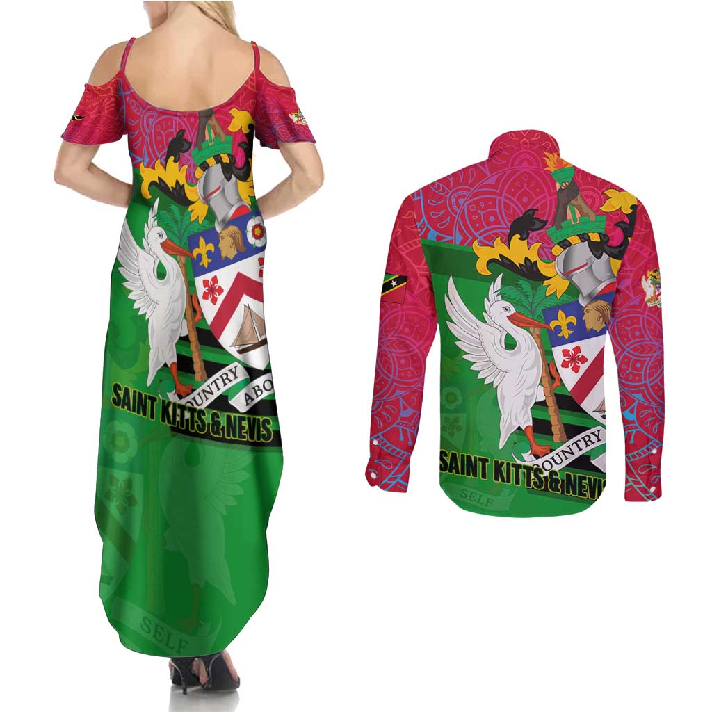 Saint Kitts and Nevis Apparel Couples Matching Summer Maxi Dress and Long Sleeve Button Shirt with National Coat of Arms and Cannon Graphic in Red and Green Cultural Pattern Design - Wonder Print Shop