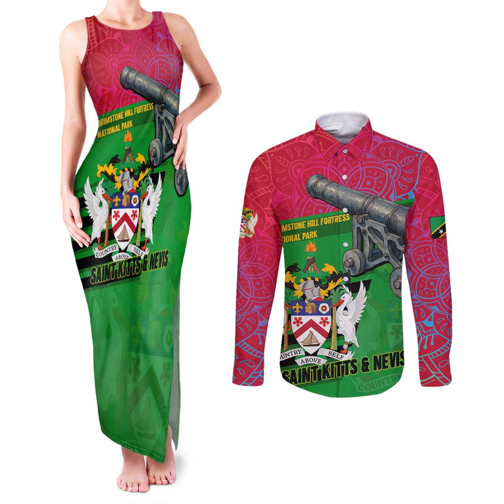 Saint Kitts and Nevis Apparel Couples Matching Tank Maxi Dress and Long Sleeve Button Shirt with National Coat of Arms and Cannon Graphic in Red and Green Cultural Pattern Design - Wonder Print Shop