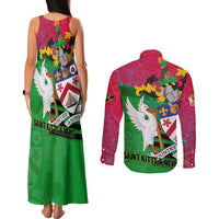 Saint Kitts and Nevis Apparel Couples Matching Tank Maxi Dress and Long Sleeve Button Shirt with National Coat of Arms and Cannon Graphic in Red and Green Cultural Pattern Design - Wonder Print Shop