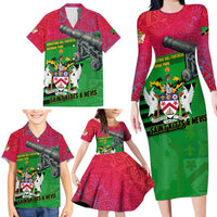 Saint Kitts and Nevis Apparel Family Matching Long Sleeve Bodycon Dress and Hawaiian Shirt with National Coat of Arms and Cannon Graphic in Red and Green Cultural Pattern Design - Wonder Print Shop