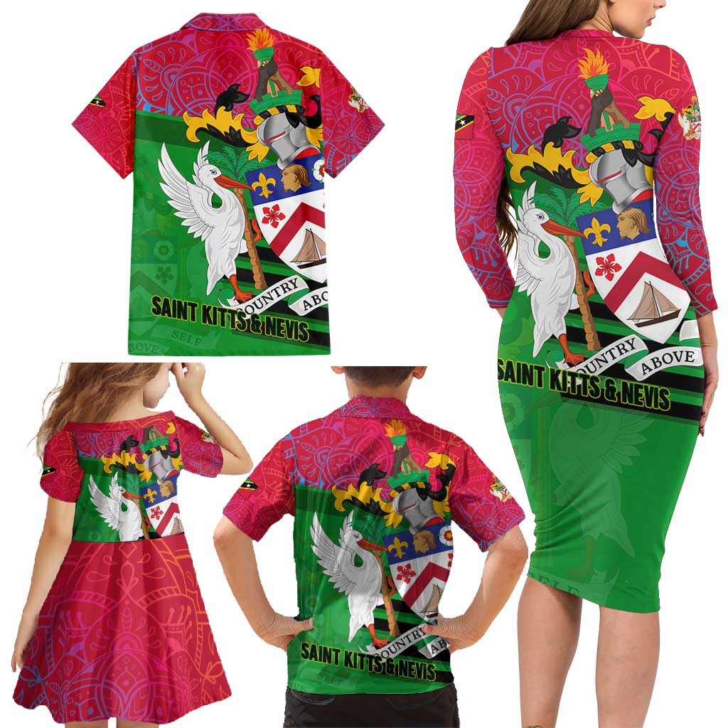 Saint Kitts and Nevis Apparel Family Matching Long Sleeve Bodycon Dress and Hawaiian Shirt with National Coat of Arms and Cannon Graphic in Red and Green Cultural Pattern Design - Wonder Print Shop