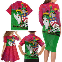 Saint Kitts and Nevis Apparel Family Matching Long Sleeve Bodycon Dress and Hawaiian Shirt with National Coat of Arms and Cannon Graphic in Red and Green Cultural Pattern Design - Wonder Print Shop