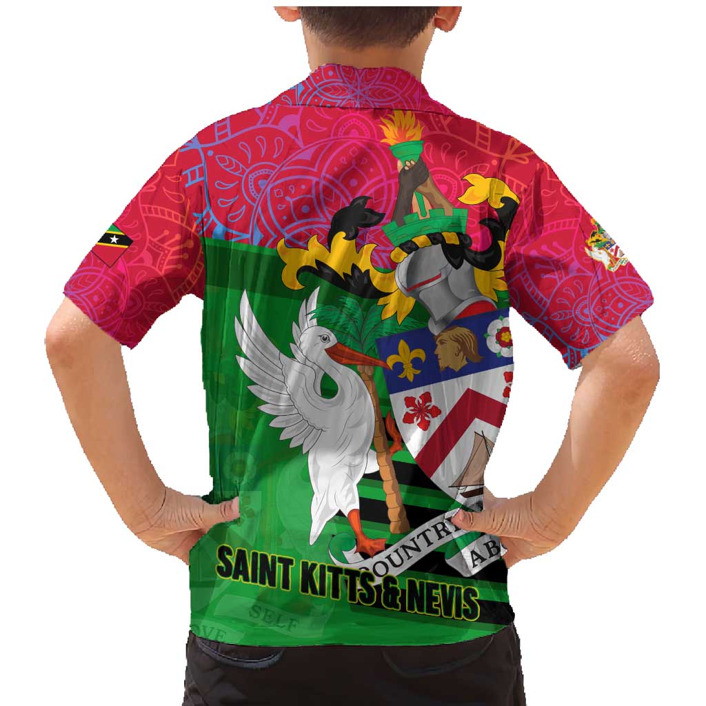 Saint Kitts and Nevis Apparel Family Matching Mermaid Dress and Hawaiian Shirt with National Coat of Arms and Cannon Graphic in Red and Green Cultural Pattern Design - Wonder Print Shop