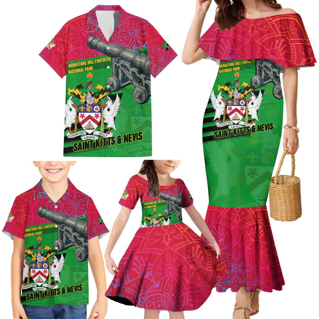 Saint Kitts and Nevis Apparel Family Matching Mermaid Dress and Hawaiian Shirt with National Coat of Arms and Cannon Graphic in Red and Green Cultural Pattern Design - Wonder Print Shop