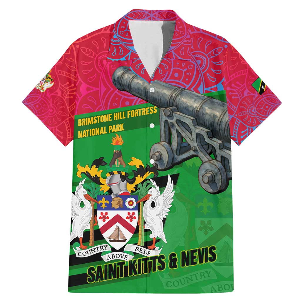 Saint Kitts and Nevis Apparel Family Matching Mermaid Dress and Hawaiian Shirt with National Coat of Arms and Cannon Graphic in Red and Green Cultural Pattern Design - Wonder Print Shop