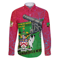 Saint Kitts and Nevis Apparel Family Matching Mermaid Dress and Hawaiian Shirt with National Coat of Arms and Cannon Graphic in Red and Green Cultural Pattern Design - Wonder Print Shop