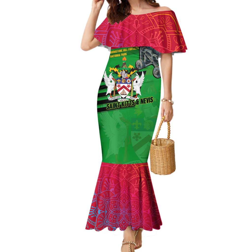 Saint Kitts and Nevis Apparel Family Matching Mermaid Dress and Hawaiian Shirt with National Coat of Arms and Cannon Graphic in Red and Green Cultural Pattern Design - Wonder Print Shop