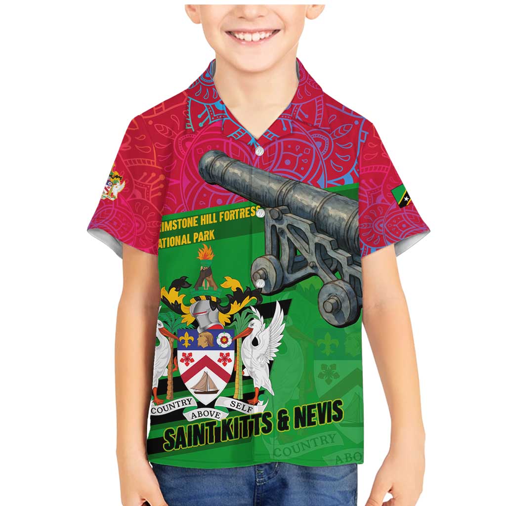 Saint Kitts and Nevis Apparel Family Matching Mermaid Dress and Hawaiian Shirt with National Coat of Arms and Cannon Graphic in Red and Green Cultural Pattern Design - Wonder Print Shop
