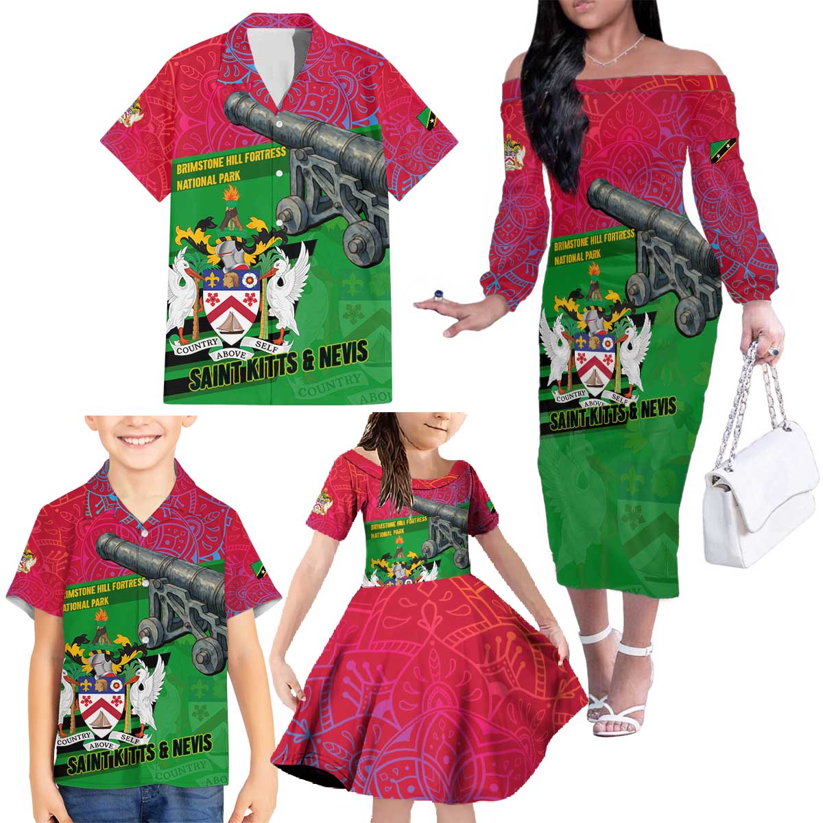 Saint Kitts and Nevis Apparel Family Matching Off The Shoulder Long Sleeve Dress and Hawaiian Shirt with National Coat of Arms and Cannon Graphic in Red and Green Cultural Pattern Design - Wonder Print Shop