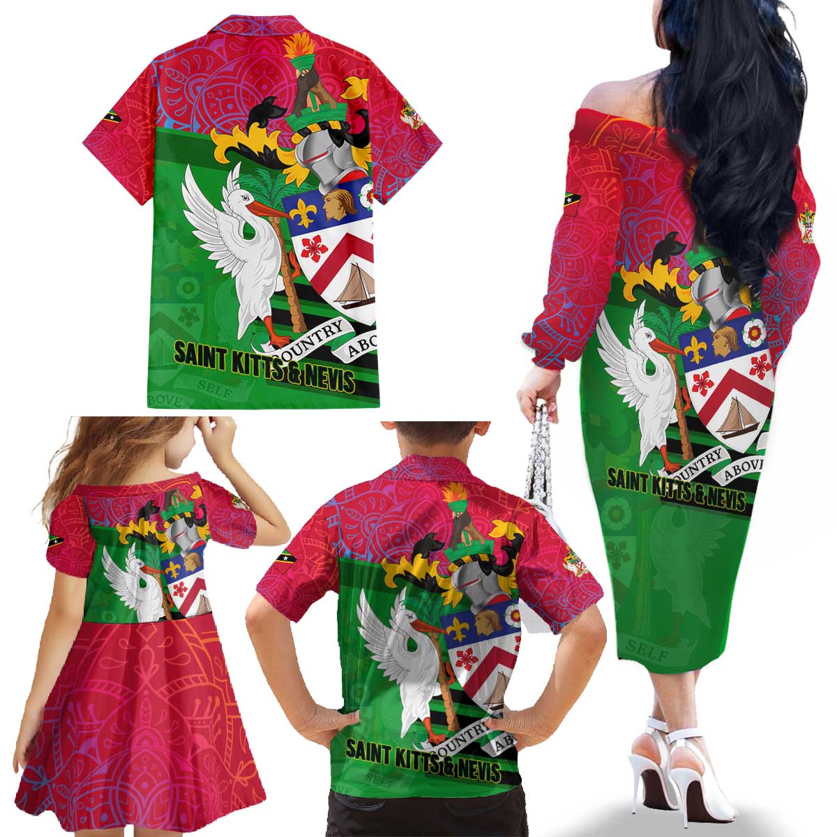 Saint Kitts and Nevis Apparel Family Matching Off The Shoulder Long Sleeve Dress and Hawaiian Shirt with National Coat of Arms and Cannon Graphic in Red and Green Cultural Pattern Design - Wonder Print Shop