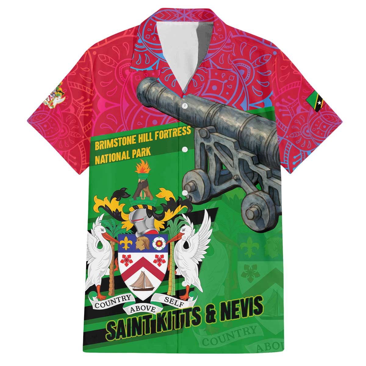 Saint Kitts and Nevis Apparel Family Matching Off The Shoulder Long Sleeve Dress and Hawaiian Shirt with National Coat of Arms and Cannon Graphic in Red and Green Cultural Pattern Design - Wonder Print Shop