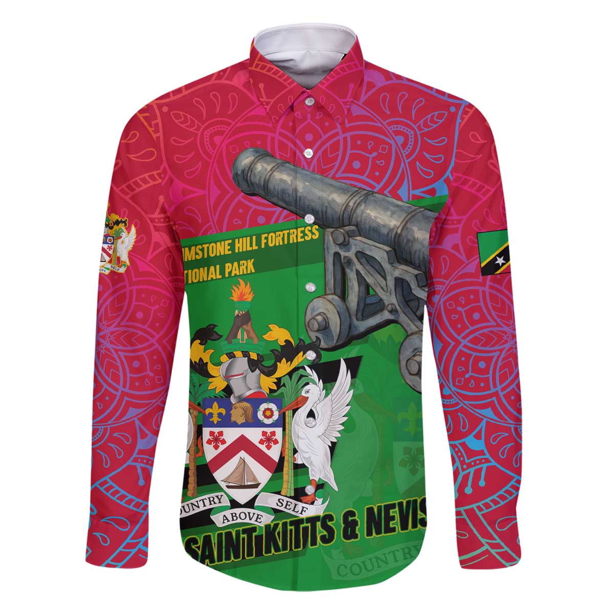 Saint Kitts and Nevis Apparel Family Matching Off The Shoulder Long Sleeve Dress and Hawaiian Shirt with National Coat of Arms and Cannon Graphic in Red and Green Cultural Pattern Design - Wonder Print Shop