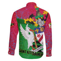 Saint Kitts and Nevis Apparel Family Matching Off The Shoulder Long Sleeve Dress and Hawaiian Shirt with National Coat of Arms and Cannon Graphic in Red and Green Cultural Pattern Design - Wonder Print Shop
