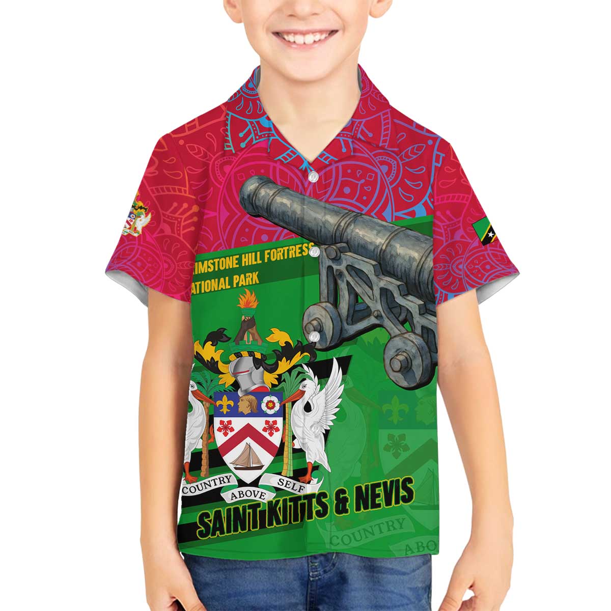 Saint Kitts and Nevis Apparel Family Matching Off The Shoulder Long Sleeve Dress and Hawaiian Shirt with National Coat of Arms and Cannon Graphic in Red and Green Cultural Pattern Design - Wonder Print Shop