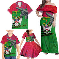 Saint Kitts and Nevis Apparel Family Matching Off Shoulder Maxi Dress and Hawaiian Shirt with National Coat of Arms and Cannon Graphic in Red and Green Cultural Pattern Design - Wonder Print Shop