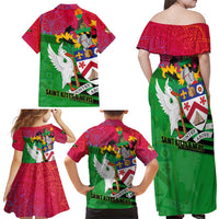 Saint Kitts and Nevis Apparel Family Matching Off Shoulder Maxi Dress and Hawaiian Shirt with National Coat of Arms and Cannon Graphic in Red and Green Cultural Pattern Design - Wonder Print Shop