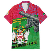 Saint Kitts and Nevis Apparel Family Matching Off Shoulder Maxi Dress and Hawaiian Shirt with National Coat of Arms and Cannon Graphic in Red and Green Cultural Pattern Design - Wonder Print Shop